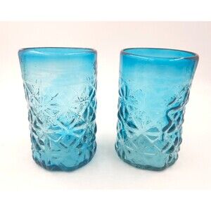 Amici Hand Blown Recycled Glass Tumbler 12 oz Faded Blue Diamond Pattern